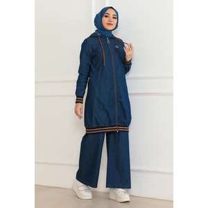 Ensemble deux pièces décontracté pour femme en denim côtelé bleu foncé, col rond, manches longues, fermeture éclair, 100 % coton, XS/XS, avec short mi-longueur au genou - Product Image 1