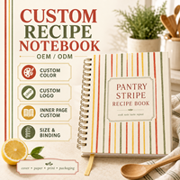 Carnet de recettes personnalisé LABON, couverture rayée, reliure spirale, pages intérieures avec modèle de recette, marque-page en ruban doré, OEM ODM, logo personnalisé