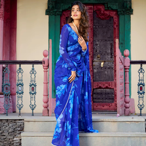 Saree doux en mousseline de soie Premium avec bordure en dentelle perlée imprimée florale Parfait pour tous les événements - Product Image 1