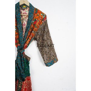 Handmade Vintage Silk Sari Kimono Bathrobe Full-Size Sexy Elegant V-neck Patchwork Front Drawstring Closure Soft Breathable - Product Image 3