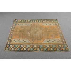 พรมวินเทจ 4x5 ฟุต สีน้ำเงินเหลือง พรมขนสัตว์แท้สไตล์ตุรกี - Product Image 3