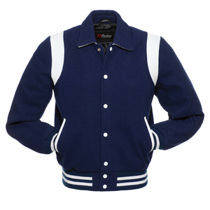 Áo khoác varsity len chống gió nam, may tay, màu xanh hải quân, phối da thật trắng, kiểu bomber varsity letterman - Product Image 1
