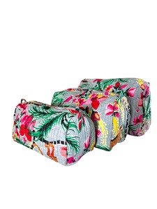 Ensemble de 3 trousses de toilette matelassées en coton vintage écologiques, imprimé en blocs, taille moyenne, durables, avec fermeture éclair et résistantes à l'eau - Product Image 4