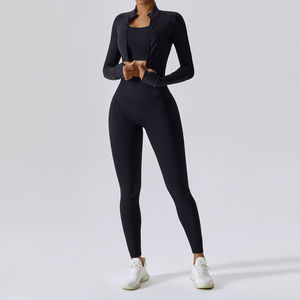 Combinaison de yoga, ensembles de fitness pour la salle de sport, logo personnalisé, combinaison de sport pour femme en trois pièces, veste de sport à manches zippées, haute teneur en élasthanne/nylon - Product Image 1