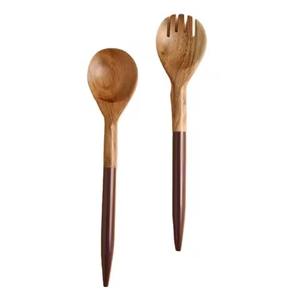 Ensemble de service à salade en bois d'acacia avec manche imprimé, cuillère et fourchette, pour salade, soupe, fruits épicés, mélange, service, ustensiles de cuisine - Product Image 1