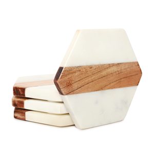 Posavasos de madera de mango y mármol Posavasos de mármol blanco de madera de acacia con círculo redondo Artesanía India hecha a mano - Product Image 5