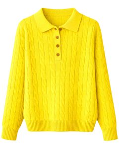 Suéter de Punto Trenzado Amarillo para Mujer, Cuello Polo, Manga Larga, Cierre de Botones, Suave, Cálido, Informal, para Invierno, Moda Femenina - Product Image 1