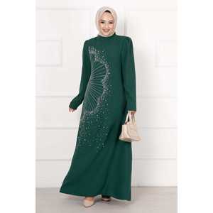 Robe de soirée trapèze en crêpe émeraude ornée de perles et de fleurs, confortable, longueur ras du sol, idéale pour les soirées formelles - Product Image 1