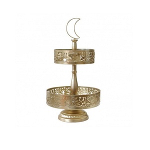 Plateau islamique à deux niveaux en métal poli or Plateau à dessert de Ramadan de forme ronde de la meilleure qualité pour les meilleures ventes - Product Image 3