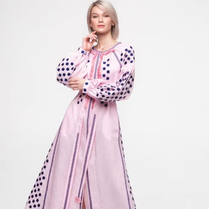 Vestido Maxi Casual Elegante de Verano 2026 con Diseño Exclusivo, Manga Larga Tipo Linterna, Cuello Redondo, Estilo Bohemio Étnico con Bordado Floral - Product Image 1