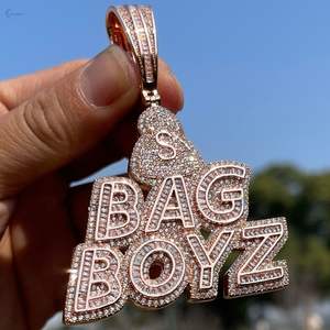 Pendentif Baguette Iced S Money Bag Boyz plaqué or 14 carats, luxe tendance, personnalisé, moissanite, hip hop, bling, argent sterling, cadeau, fête - Product Image 1