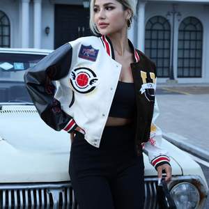 Chaqueta informal recortada de estilo universitario para mujer, bombardero de béisbol de satén transpirable, ropa de calle Vintage con parche Y2K - Product Image 2