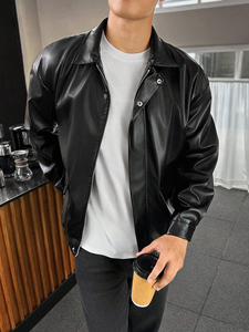 Custom <b>Men's</b> Retro Winter Biker <b>Jacket</b> Vintage Wash Genuine Calf Skin <b>Leather</b> Oversized Slim Fit Lapel Collar Autumn Season - Product Image 4