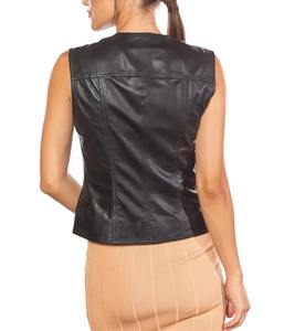 Veste de moto pour femme en cuir noir véritable, col en V, coupe-vent, écologique, respirante, fermeture à boutons pression, fermeture avant - Product Image 2