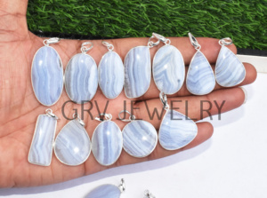 Lot de vente en gros de pendentifs ethniques en argent sterling 925 faits à la main en dentelle bleue naturelle agate pierres précieuses fiançailles anniversaire mariage - Product Image 2