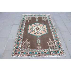 Vintage Accent Rug, 4x5.8 ft Turkish Rug, <b>Brown</b> Moroccan <b>Wool</b> Rug - Product Image 1