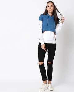 <b>Women's</b> Blue <b>White</b> Color Block Hoodie Fleece Pullover Long Sleeve Soft Warm Custom Option Stylish Casual Wear Front Breathable - Product Image 4