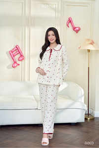 Ensemble de pyjama de maternité en lin à manches longues B2 MUM B869, motif cœur rouge, col Peter Pan à bordure rouge, doux, léger et respirant - Product Image 4