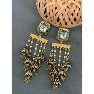 Boucles d'oreilles Jhumka multicouches oxydées Boho avec chaînes de perles et clous miroir Bijoux pendants indiens en or antique pour femmes - Product Image 3
