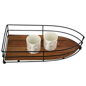 Plateau de service moderne en fil de fer en forme de bateau Plateau de service en bois fini noir Thé Café Snacks Polyvalent Utilisé Maison - Product Image 1