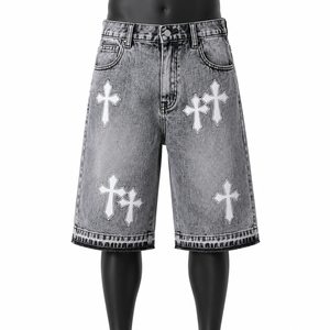 Pantalones Cortos Vaqueros Personalizados con Estampado Cruzado para Hombre, Estilo Vintage Lavado, Holgados, Streetwear, OEM ODM, Marca Privada, Venta al por Mayor - Product Image 1