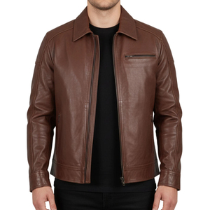 Chaqueta de Cuero para Hombre, Estilo Bomber, Cuello Camisero, Cierre de Cremallera, Estilo Motero, para Otoño - Product Image 2