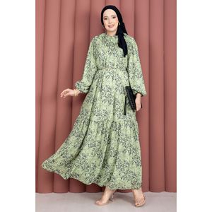 Vestido Hijab de Chifón con Estampado Floral y Cintura Imperio, Diseño con Pliegues Delanteros y Detalle de Moda - Product Image 4