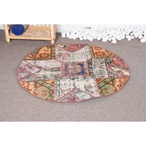 Tapis Patchwork en Laine Rustique Classique Beige Orange Fait à la Main 3.4X3.3 pieds pour Entrée Chambre Couloir-Peluche Pile Rectangle Latex - Product Image 1