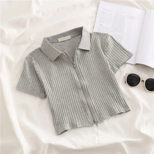 Top <b>Women</b> Clothing Polo Collar T-<b>shirt</b> Summer Zipper Slim Half Sleeved Breathable Top High Waisted Short Blouse - Product Image 6