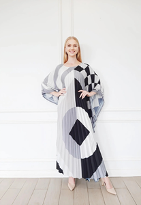 Women Black White Plaid Printed Eco-Friendly Natural <b>Waist</b> Pleated Kaftan <b>Dress</b> Flare Sleeve Regular Fit Floor-Length Resort - Product Image 2