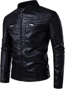 Chaqueta de motorista negra minimalista de calle alta de invierno para hombre, ajustada, elegante, de piel sintética, acolchada con hombros, lona, Moto para atemporal - Product Image 2