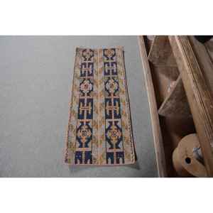 Vintage Turkish Rug Classic Blue Orange 1.6x3.8ft Handmade Wool Puzzle Patchwork Design for Entryway Rectangular Hallway Latex - Product Image 1