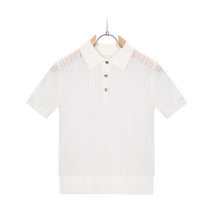China Bangladesh Factory Price OEM Customized Logo Embroidery French Style <b>Polo</b> Collar Hollow Knit Womens Loose Casual <b>Top</b> Shirt - Product Image 1
