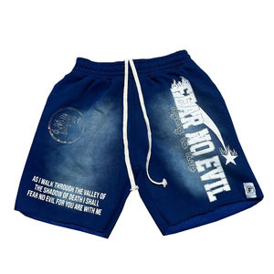 Custom Streetwear Acid Wash Cotton Drawstring Rhinestone Screen Printing Hip Hop Streetwear <b>Baggy</b> <b>Shorts</b> - Product Image 5