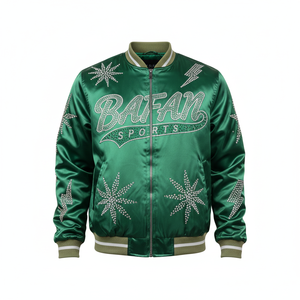 Women Premium Satin Jacket in Green with Shiny Smooth <b>Fabric</b> Rhinestone Logo and <b>Spark</b> Star Panel Design Women Satin Jackets - Product Image 1