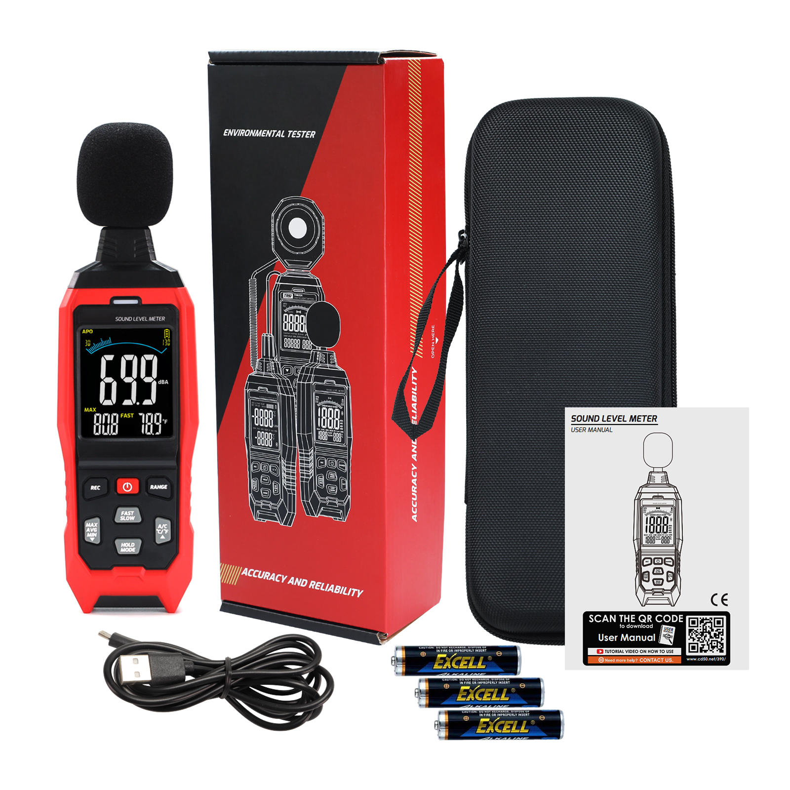 Habotest HT602 Decibelmeter - Geluidsmeter  A  Tot ±1,5 DB Nauwkeurig Fast Slow Max Min Temperatuur Luchtvochtigheid