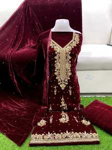 Vêtements de créateur indiens et pakistanais en velours brodé lourd Shalwar Kameez pour femmes, vente en gros - Product Image 2