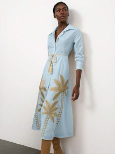 Vestido de verano personalizado de fabricante de ropa, falda acampanada de lino y algodón, vestidos Maxi bordados al por mayor, ropa de mujer - Product Image 4