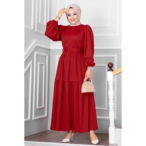 Beliz <b>Belted</b> Hijab Dress <b>Red</b> - Product Image 5