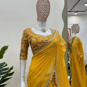 Saree ออกแบบที่สวยงามด้วยด้ายและลำดับการทำงานและเสื้อ - Product Image 1