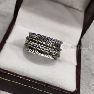 Checker Spinner Band Anillo de meditación Plata de Ley 925 Anillo de pulgar para mujer Fidget Joyería hecha a mano Anillo giratorio unisex oriental - Product Image 2