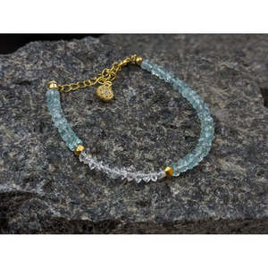 Quartz Diamond Pearl Beaded <b>Bracelet</b> with Aquamarine & Herkimer <b>Gemstones</b> Gold Plated Religious Cross Design Gift - Product Image 1