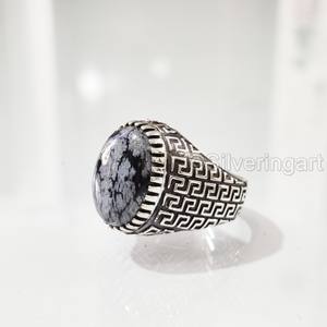 Vente en gros de bagues pour hommes, flocon de neige naturel, obsidienne, pierre précieuse, bague de naissance, toutes tailles, bijoux de fête arabes, bague en argent sterling 925 - Product Image 2