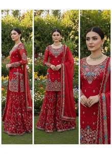 Ensemble Sharara pour femmes, haut en faux georgette brodé lourd, sharara palazzo et dupatta fantaisie pour les tenues de fête - Product Image 4