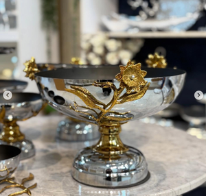 Silver Gold Metal Serving Trays And <b>Tier</b> <b>Stands</b> And Bowls Dishes With Floral Pattern Made of Stainless Steel And Brass Indian - Product Image 2
