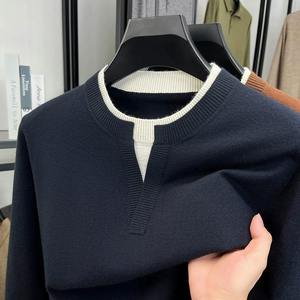 Suéter para hombre Jersey de punto marrón cuello de contraste casual cuello redondo suave cálido ropa de invierno elegante - Product Image 2