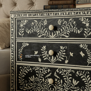 Table de chevet design en incrustation d'os noir Table de chevet artistique florale avec deux tiroirs - Product Image 3