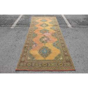 Vintage 4.4 X 11 ft Turkish <b>Rug</b> Yellow <b>Blue</b> Patchwork Wool Seagrass <b>Large</b> Area Rectangle Hallway Area Room <b>Rug</b> Abstract Latex - Product Image 1