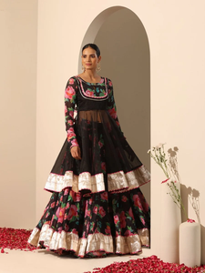 Black Floral Print Lehenga Set with Sheer <b>Jacket</b> Silver Border and Pink Accents Festive <b>Wedding</b> Party Wear <b>for</b> Women Designer - Product Image 3