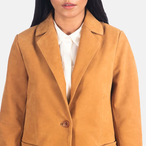 Venta al por mayor de gamuza chaquetas de las mujeres de alta calidad de cuero genuino marrón Nubuck Blazer logotipo personalizado colores OEM cierre de un solo botón - Product Image 6
